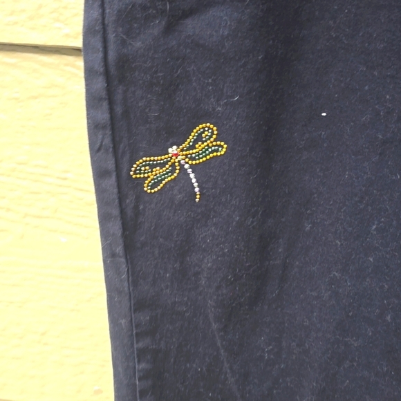 Quacker Factory Jeans  Black Denim Embellished Dragonfly Pocket Pull-on large - Picture 2 of 8